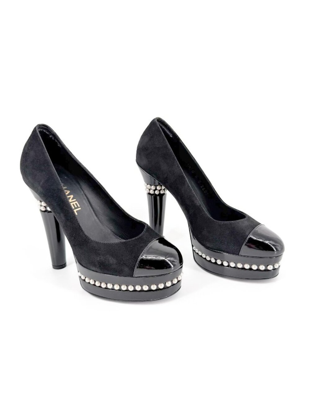 Chanel Pearl Platform Pumps Heels Cap Toe Black Suede Size 37 US 6-6.5